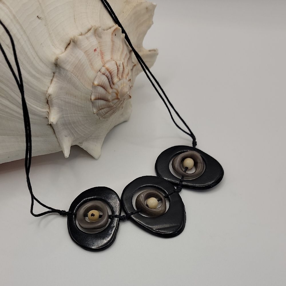 Handcrafted Tagua Nut Necklace Estate Jewelry - Ebony and Brown